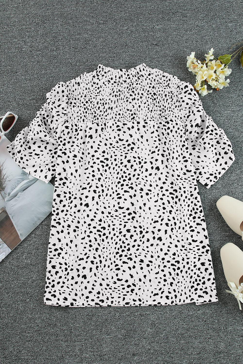 Printed Smocked Mock Neck Blouse BLUE ZONE PLANET
