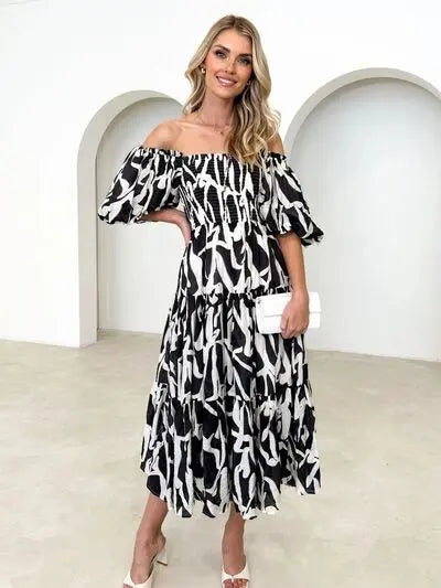 Printed Smocked Off-Shoulder Tiered Dress Trendsi