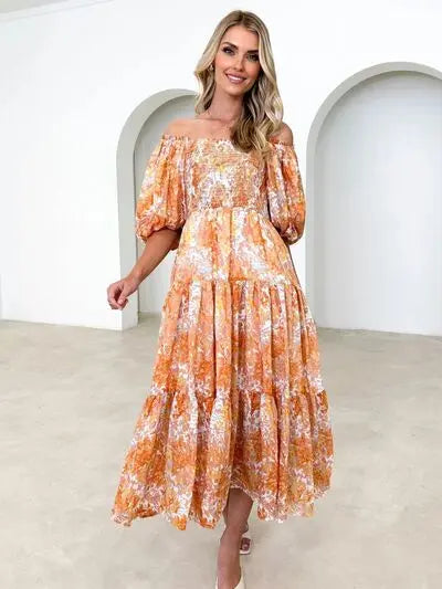 Printed Smocked Off-Shoulder Tiered Dress Trendsi