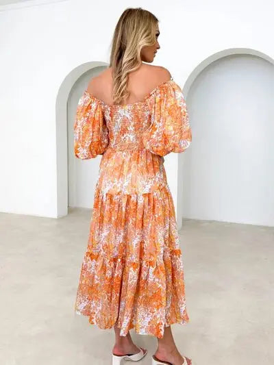 Printed Smocked Off-Shoulder Tiered Dress Trendsi