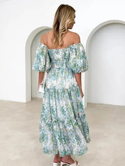 Printed Smocked Off-Shoulder Tiered Dress Trendsi