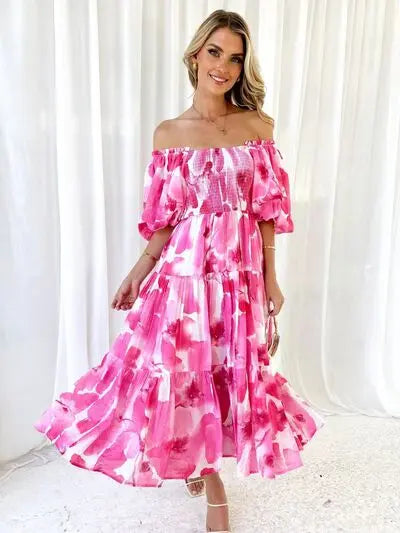 Printed Smocked Off-Shoulder Tiered Dress Trendsi
