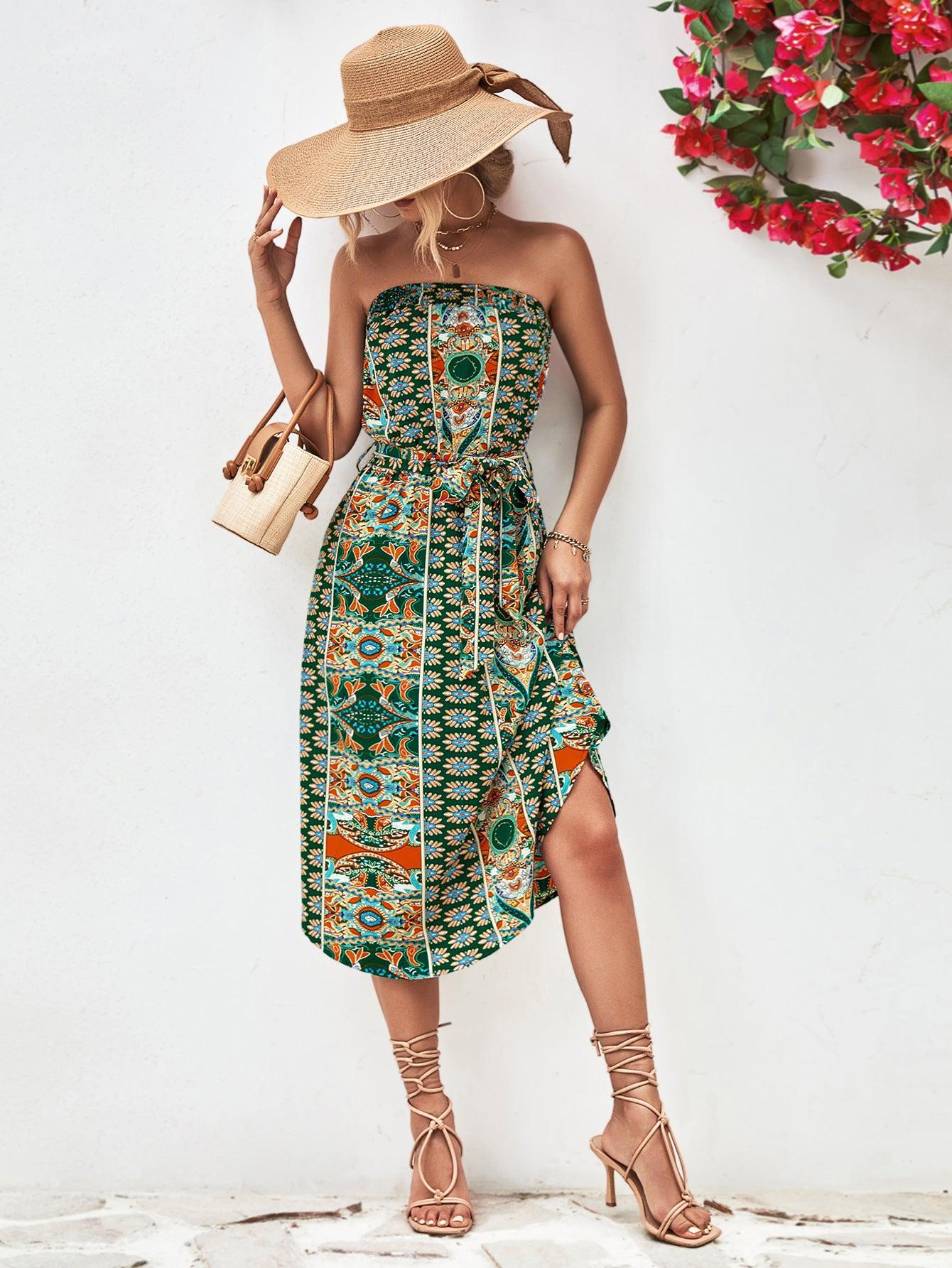 Printed Strapless Tie Belt Dress BLUE ZONE PLANET