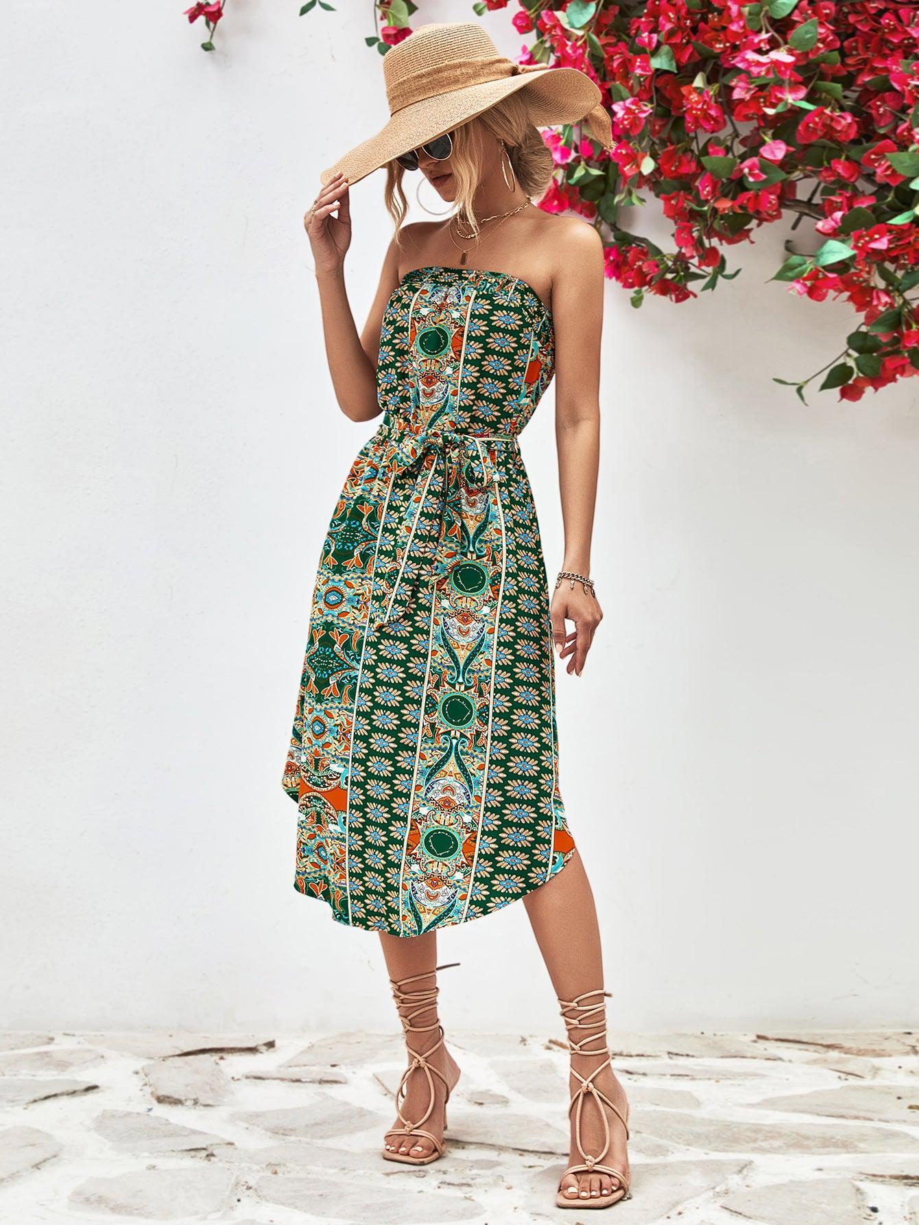 Printed Strapless Tie Belt Dress BLUE ZONE PLANET