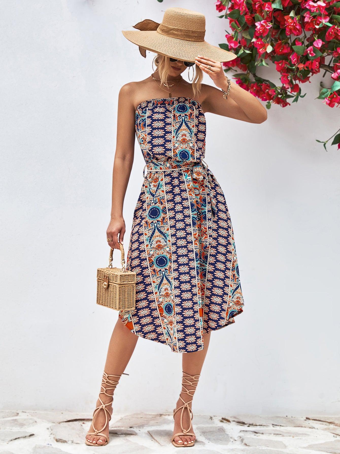 Printed Strapless Tie Belt Dress BLUE ZONE PLANET