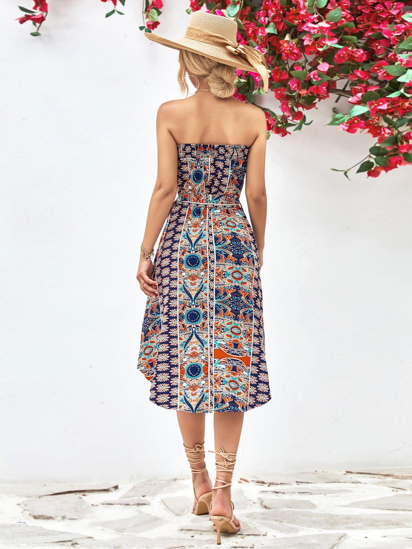 Printed Strapless Tie Belt Dress BLUE ZONE PLANET