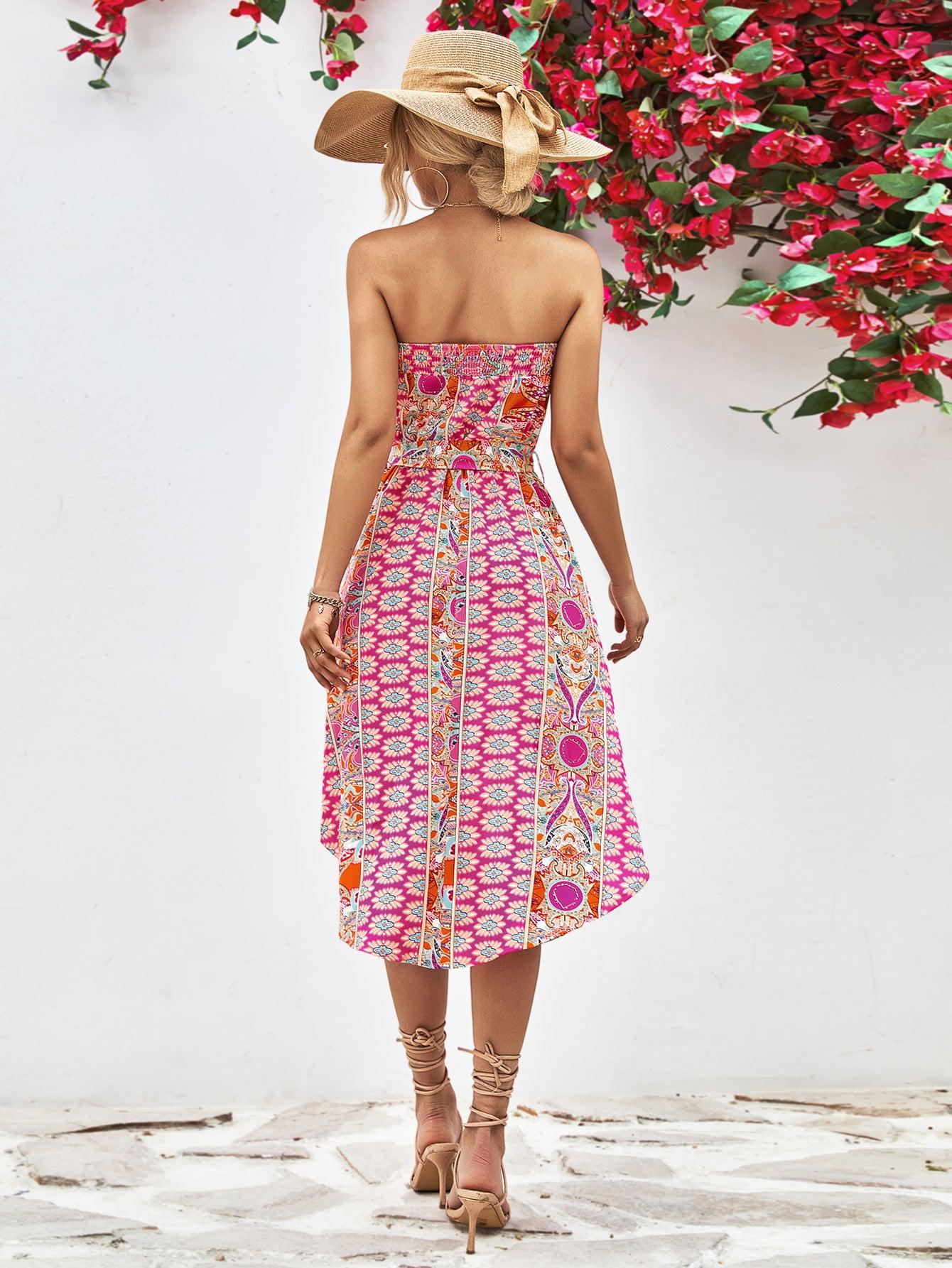 Printed Strapless Tie Belt Dress BLUE ZONE PLANET