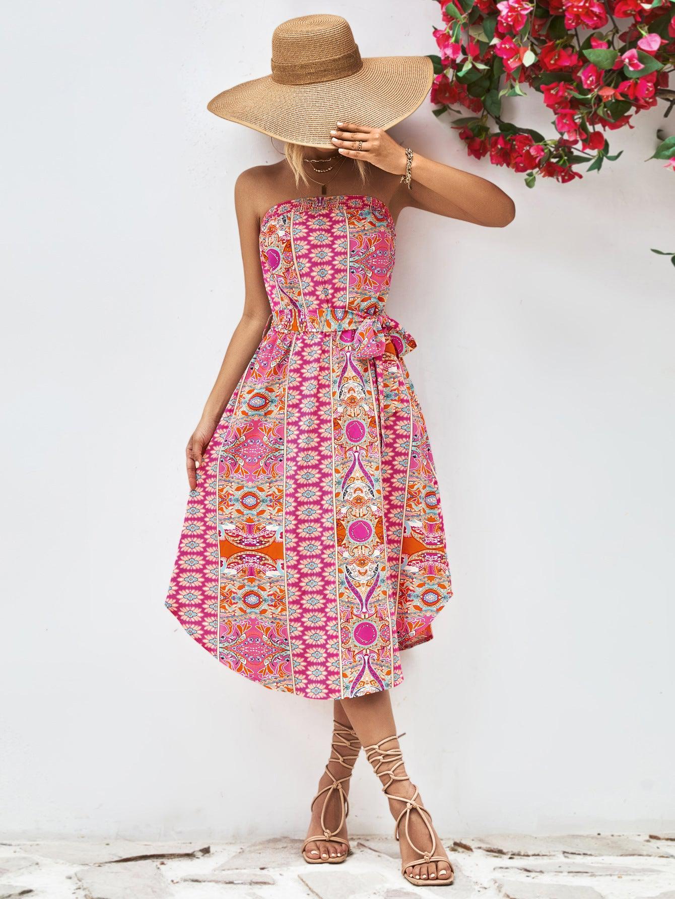 Printed Strapless Tie Belt Dress BLUE ZONE PLANET