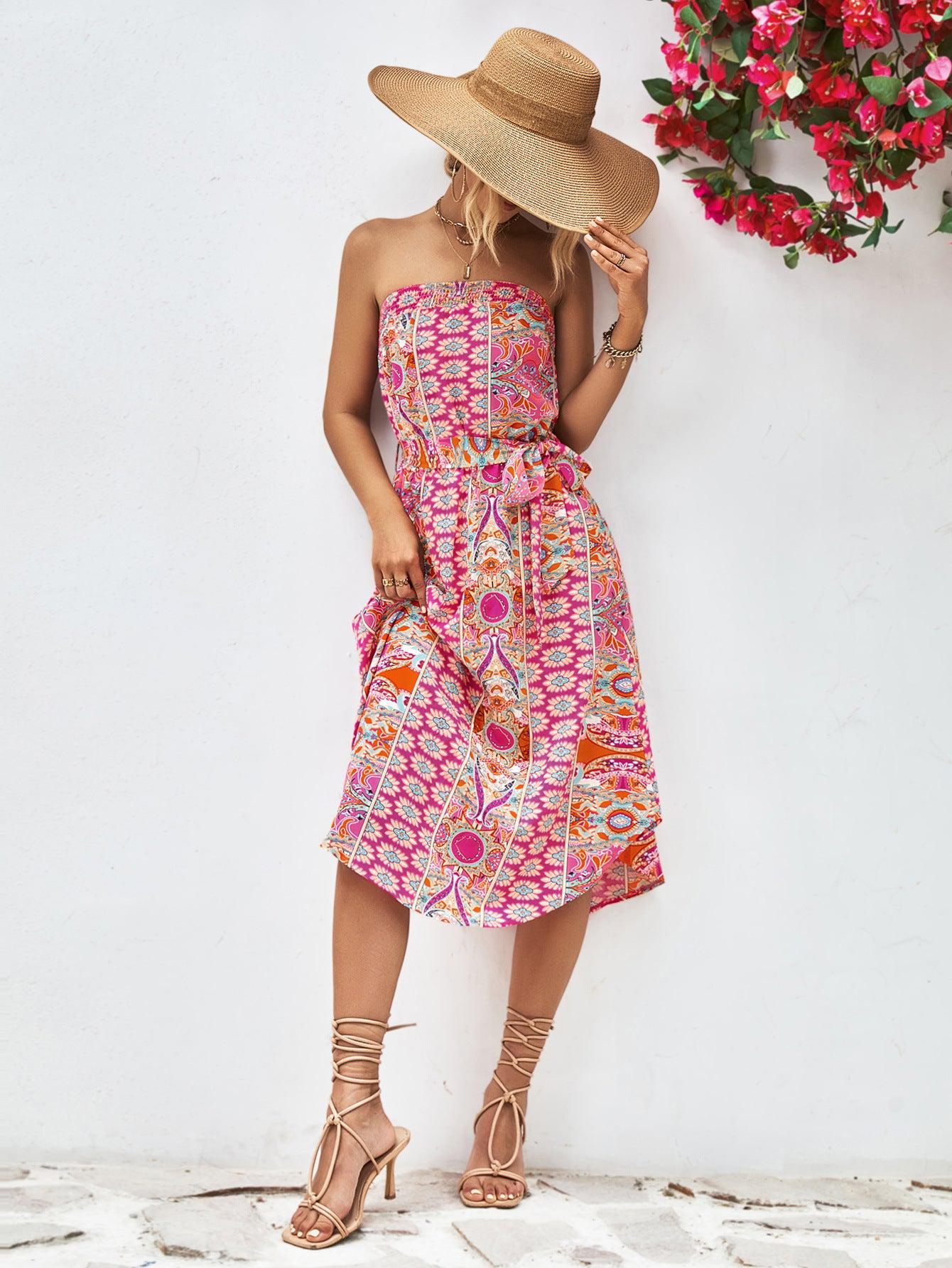 Printed Strapless Tie Belt Dress BLUE ZONE PLANET