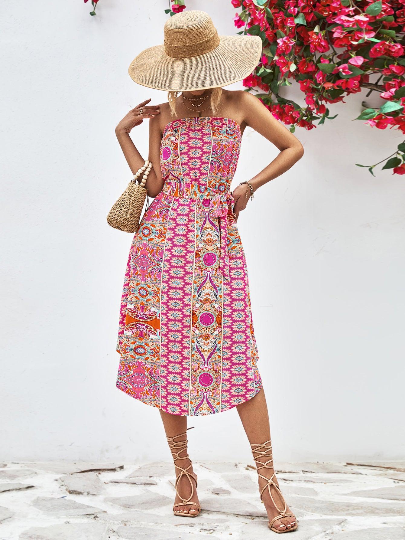 Printed Strapless Tie Belt Dress BLUE ZONE PLANET