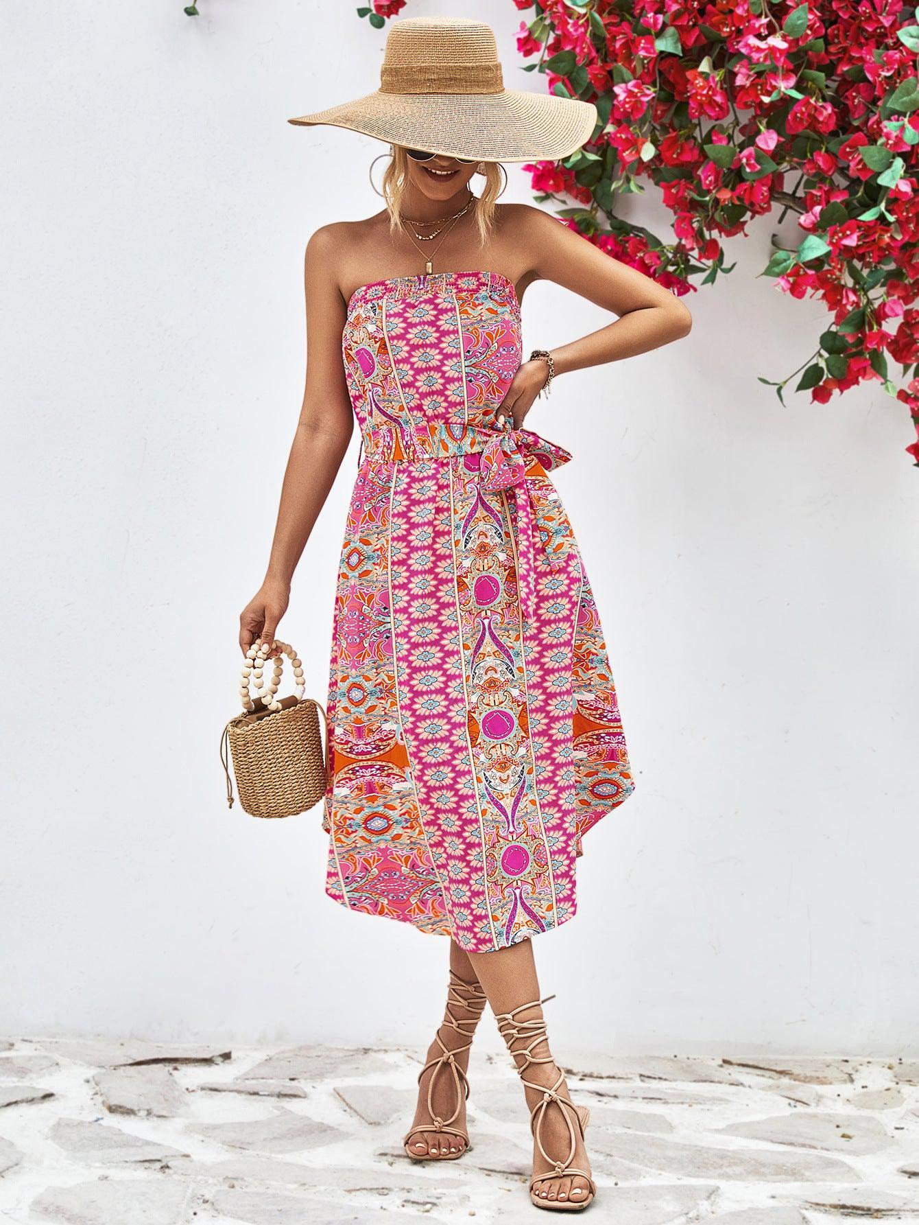 Printed Strapless Tie Belt Dress BLUE ZONE PLANET