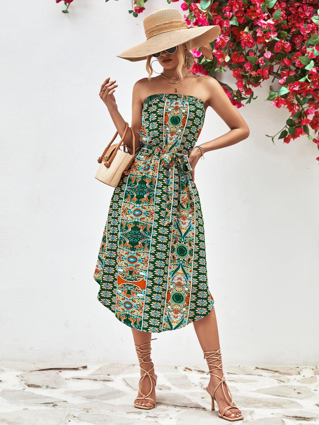 Printed Strapless Tie Belt Dress BLUE ZONE PLANET