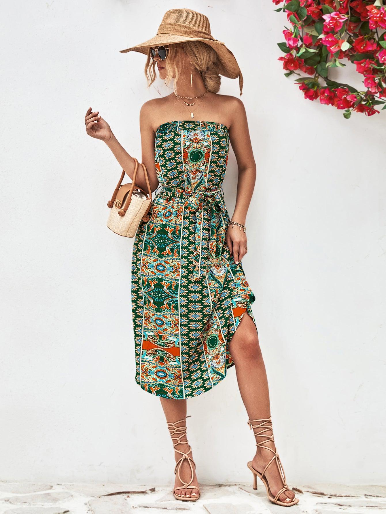 Printed Strapless Tie Belt Dress BLUE ZONE PLANET