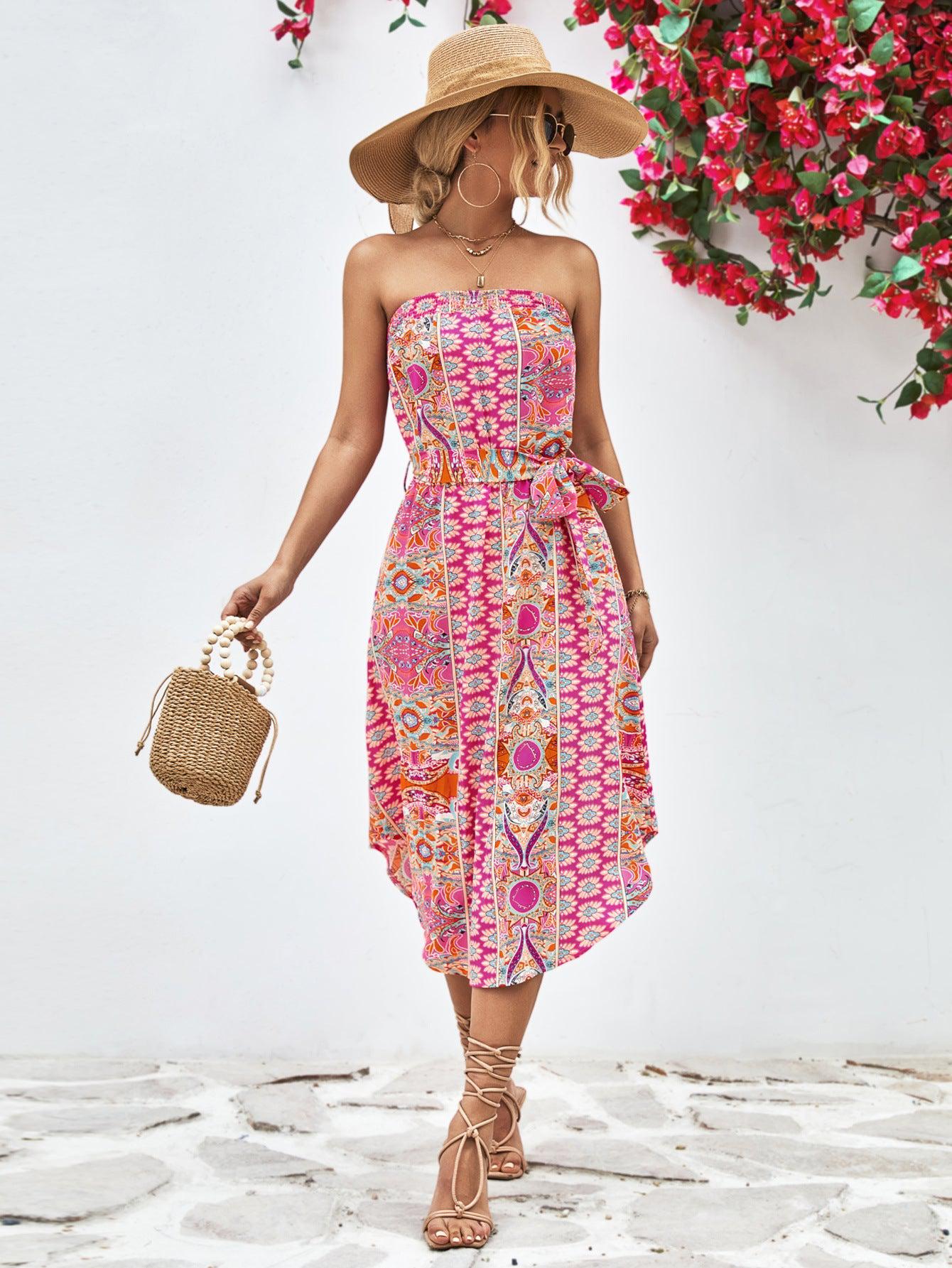 Printed Strapless Tie Belt Dress BLUE ZONE PLANET