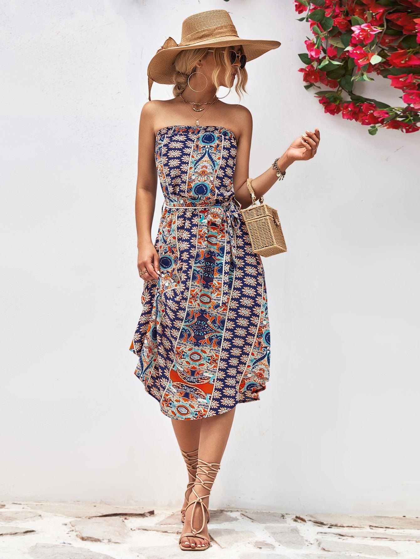 Printed Strapless Tie Belt Dress BLUE ZONE PLANET