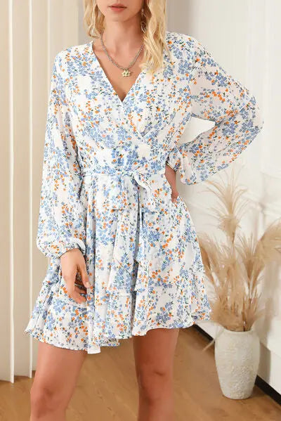 Printed Surplice Balloon Sleeve Mini Dress BLUE ZONE PLANET