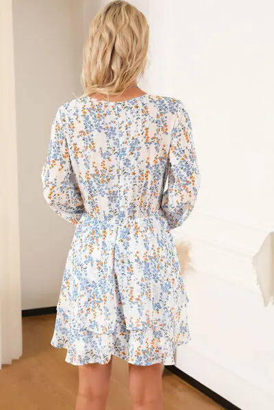 Printed Surplice Balloon Sleeve Mini Dress BLUE ZONE PLANET