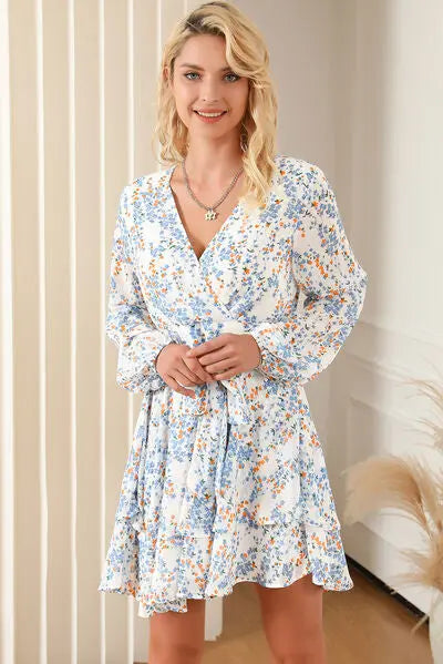 Printed Surplice Balloon Sleeve Mini Dress BLUE ZONE PLANET