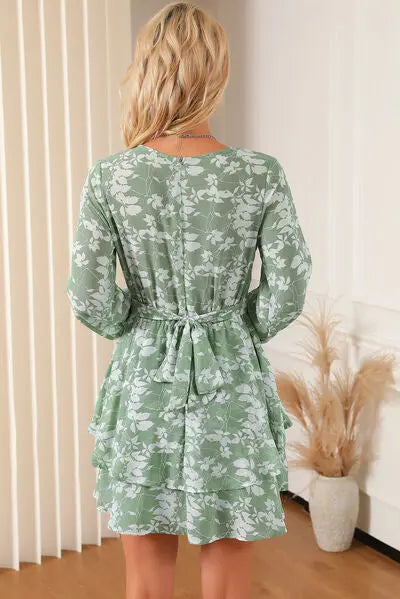 Printed Surplice Balloon Sleeve Mini Dress BLUE ZONE PLANET