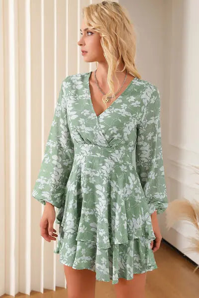 Printed Surplice Balloon Sleeve Mini Dress BLUE ZONE PLANET