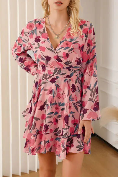 Printed Surplice Balloon Sleeve Mini Dress BLUE ZONE PLANET