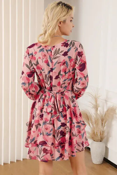 Printed Surplice Balloon Sleeve Mini Dress BLUE ZONE PLANET
