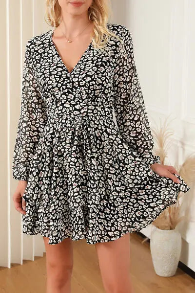 Printed Surplice Balloon Sleeve Mini Dress BLUE ZONE PLANET