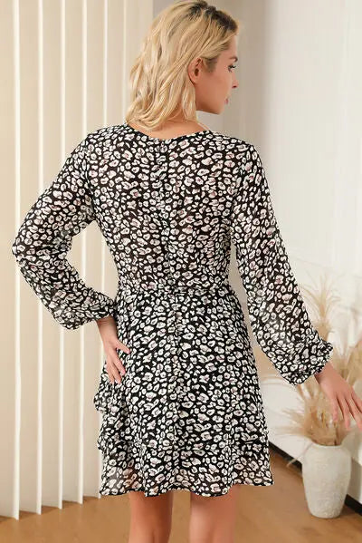 Printed Surplice Balloon Sleeve Mini Dress BLUE ZONE PLANET