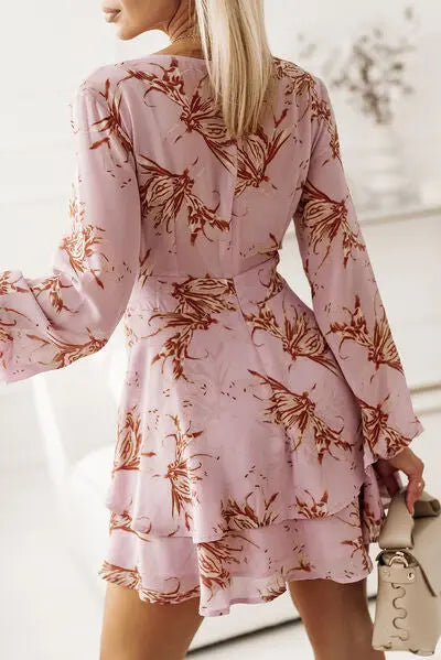 Printed Surplice Balloon Sleeve Mini Dress BLUE ZONE PLANET