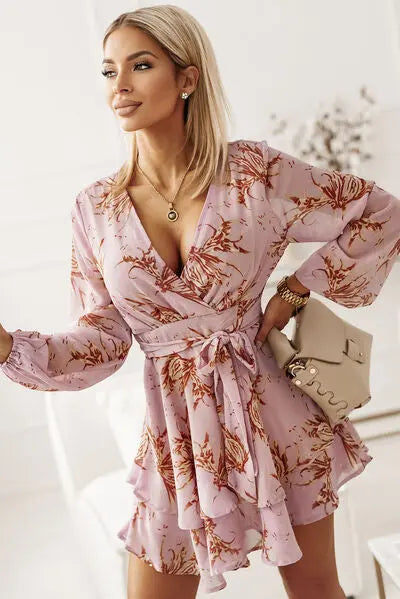Printed Surplice Balloon Sleeve Mini Dress BLUE ZONE PLANET