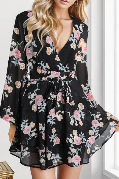 Printed Surplice Balloon Sleeve Mini Dress BLUE ZONE PLANET
