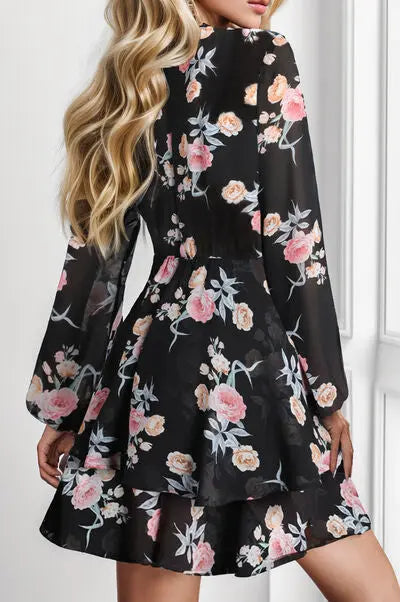 Printed Surplice Balloon Sleeve Mini Dress BLUE ZONE PLANET