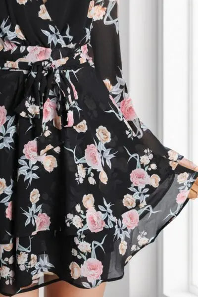 Printed Surplice Balloon Sleeve Mini Dress BLUE ZONE PLANET