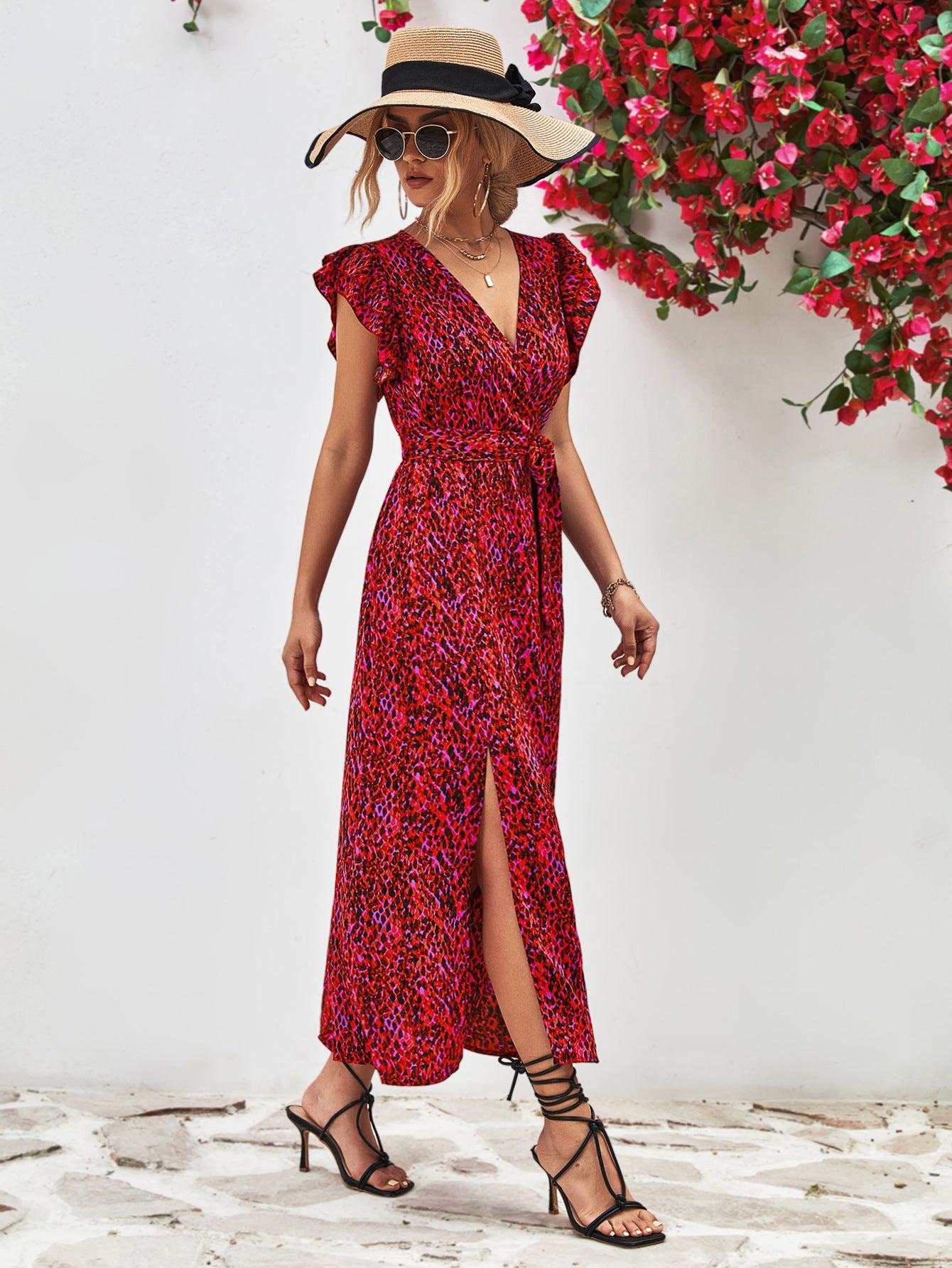 Printed Surplice Neck Flutter Sleeve Slit Dress BLUE ZONE PLANET