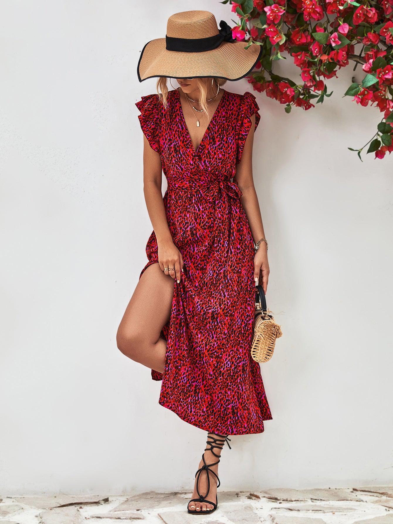 Printed Surplice Neck Flutter Sleeve Slit Dress BLUE ZONE PLANET
