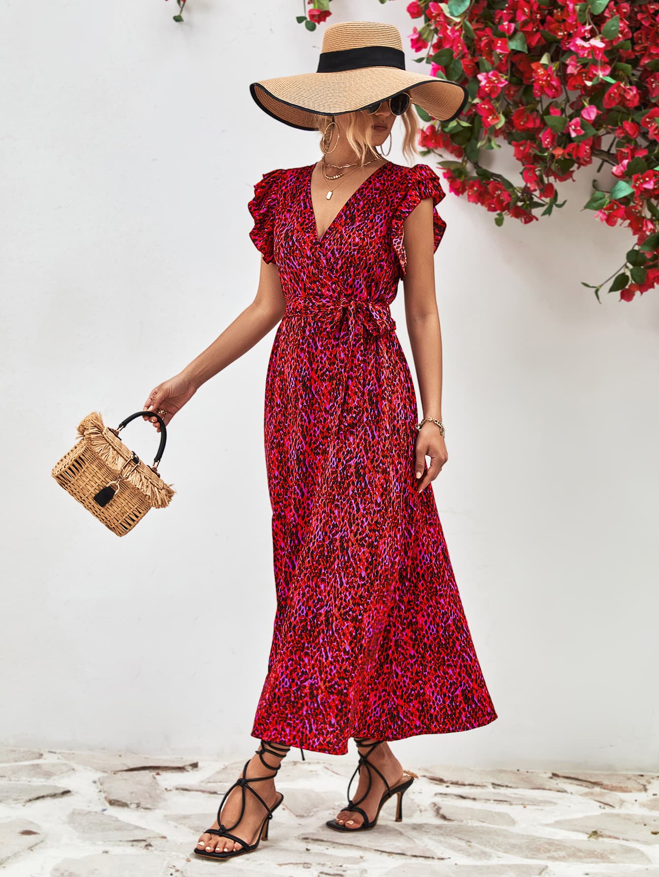 Printed Surplice Neck Flutter Sleeve Slit Dress BLUE ZONE PLANET