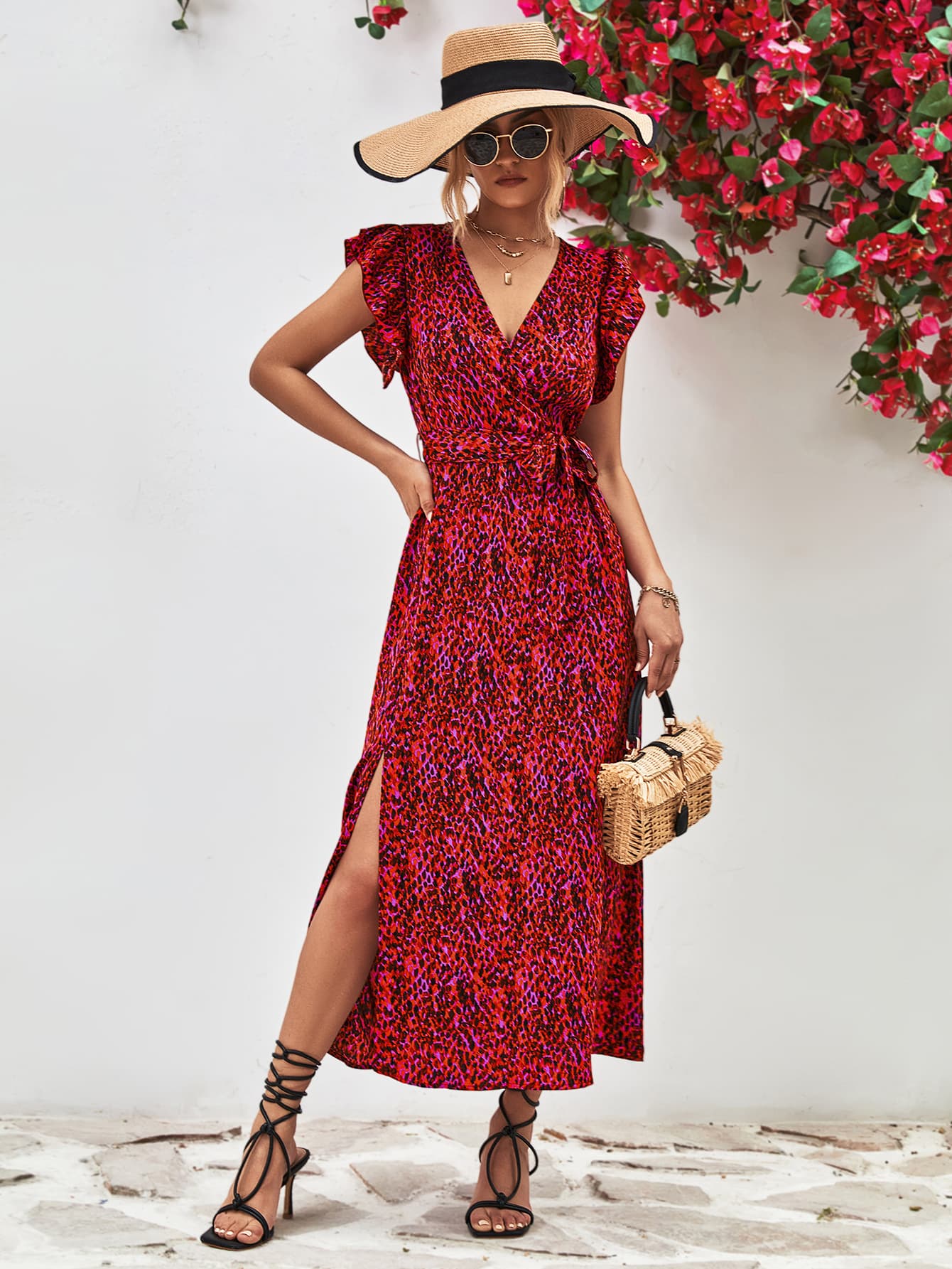 Printed Surplice Neck Flutter Sleeve Slit Dress BLUE ZONE PLANET