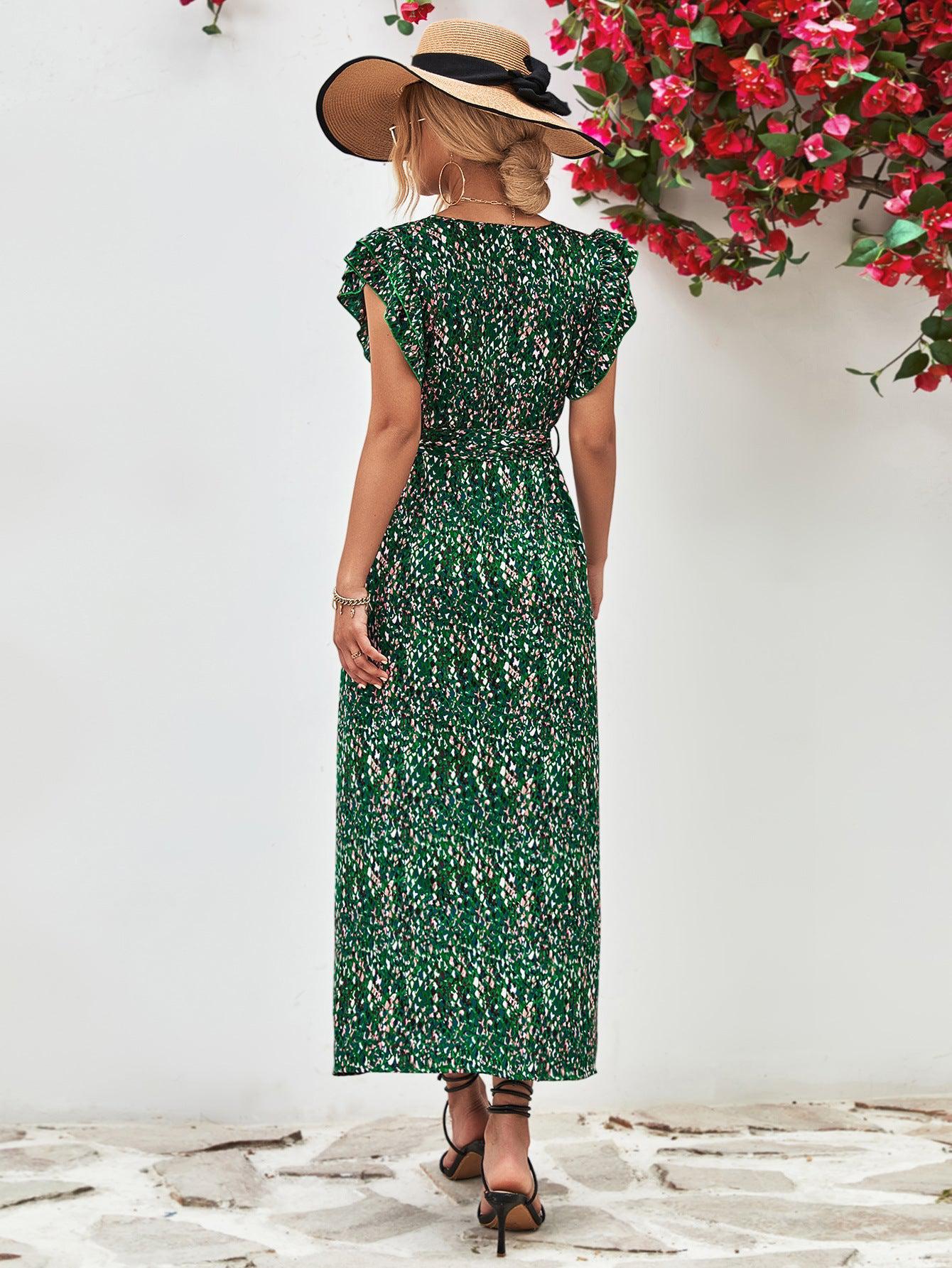 Printed Surplice Neck Flutter Sleeve Slit Dress BLUE ZONE PLANET