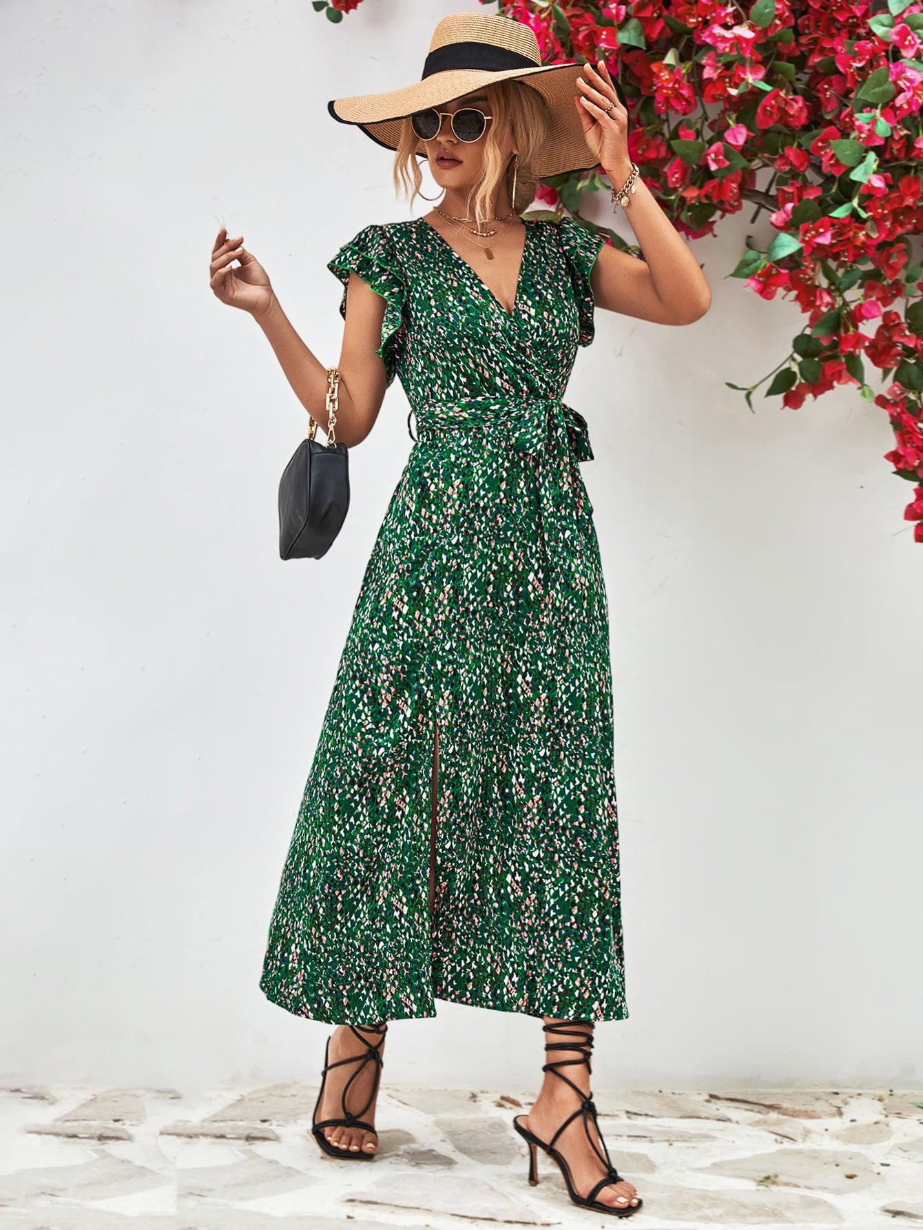 Printed Surplice Neck Flutter Sleeve Slit Dress BLUE ZONE PLANET