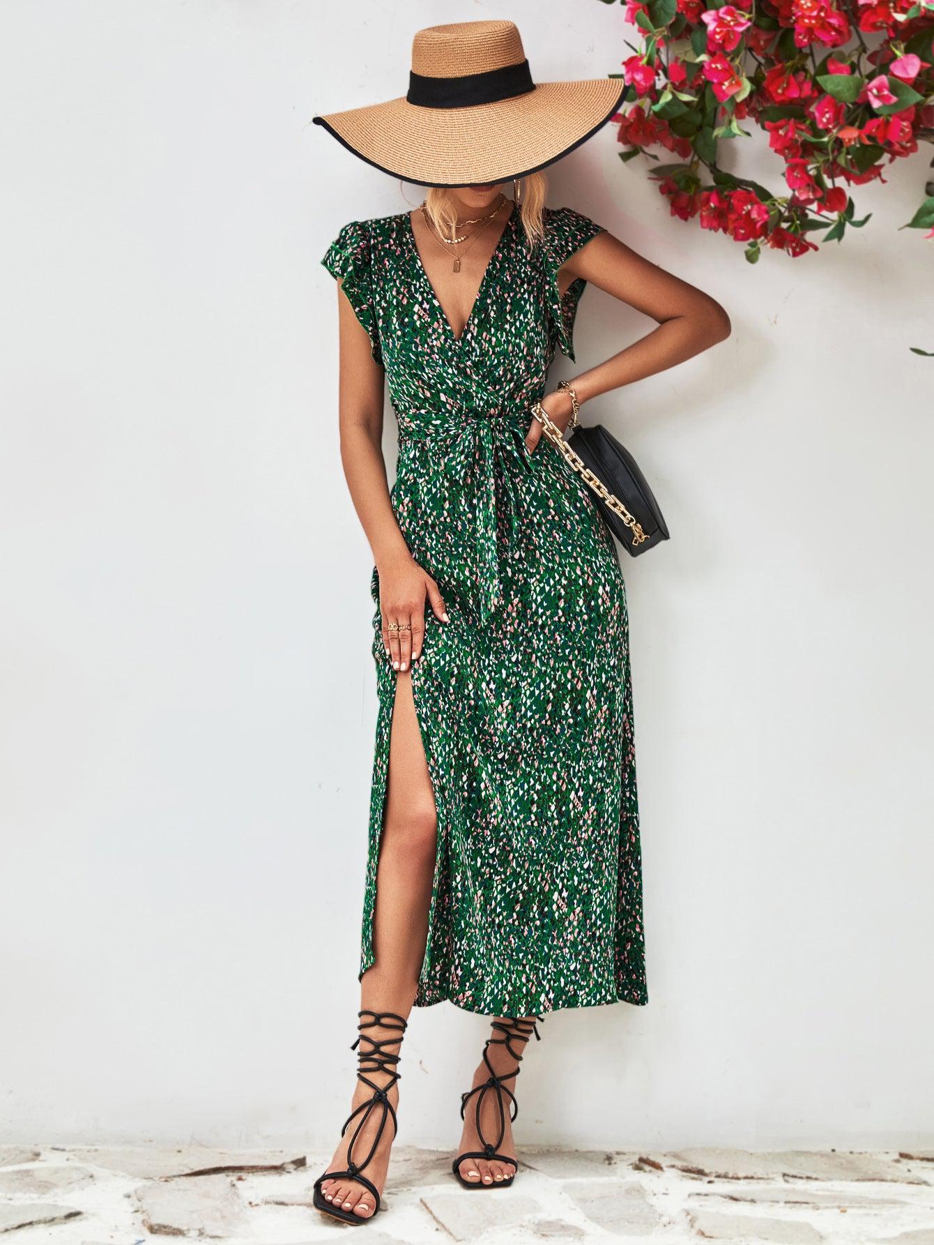 Printed Surplice Neck Flutter Sleeve Slit Dress BLUE ZONE PLANET