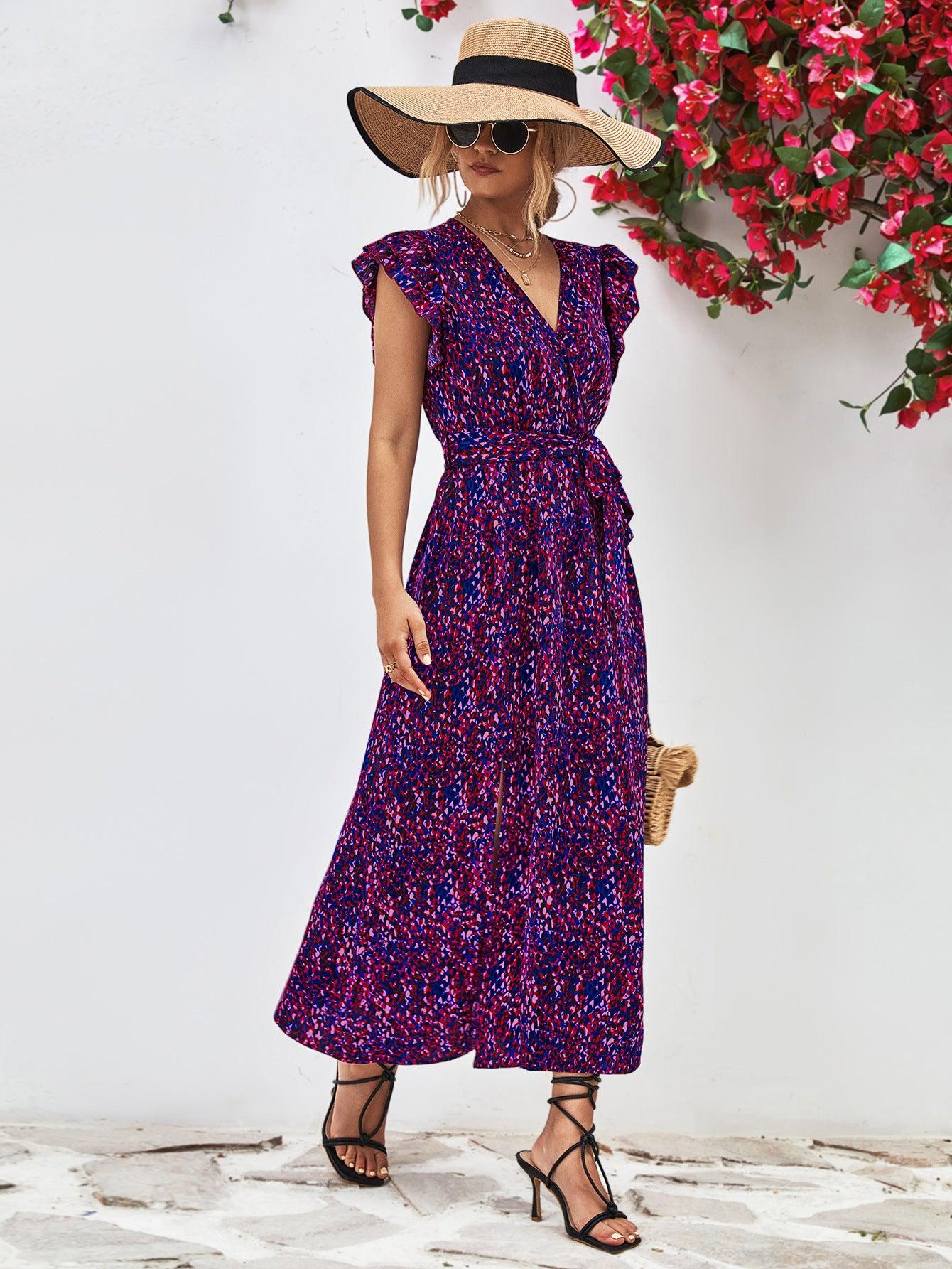 Printed Surplice Neck Flutter Sleeve Slit Dress BLUE ZONE PLANET