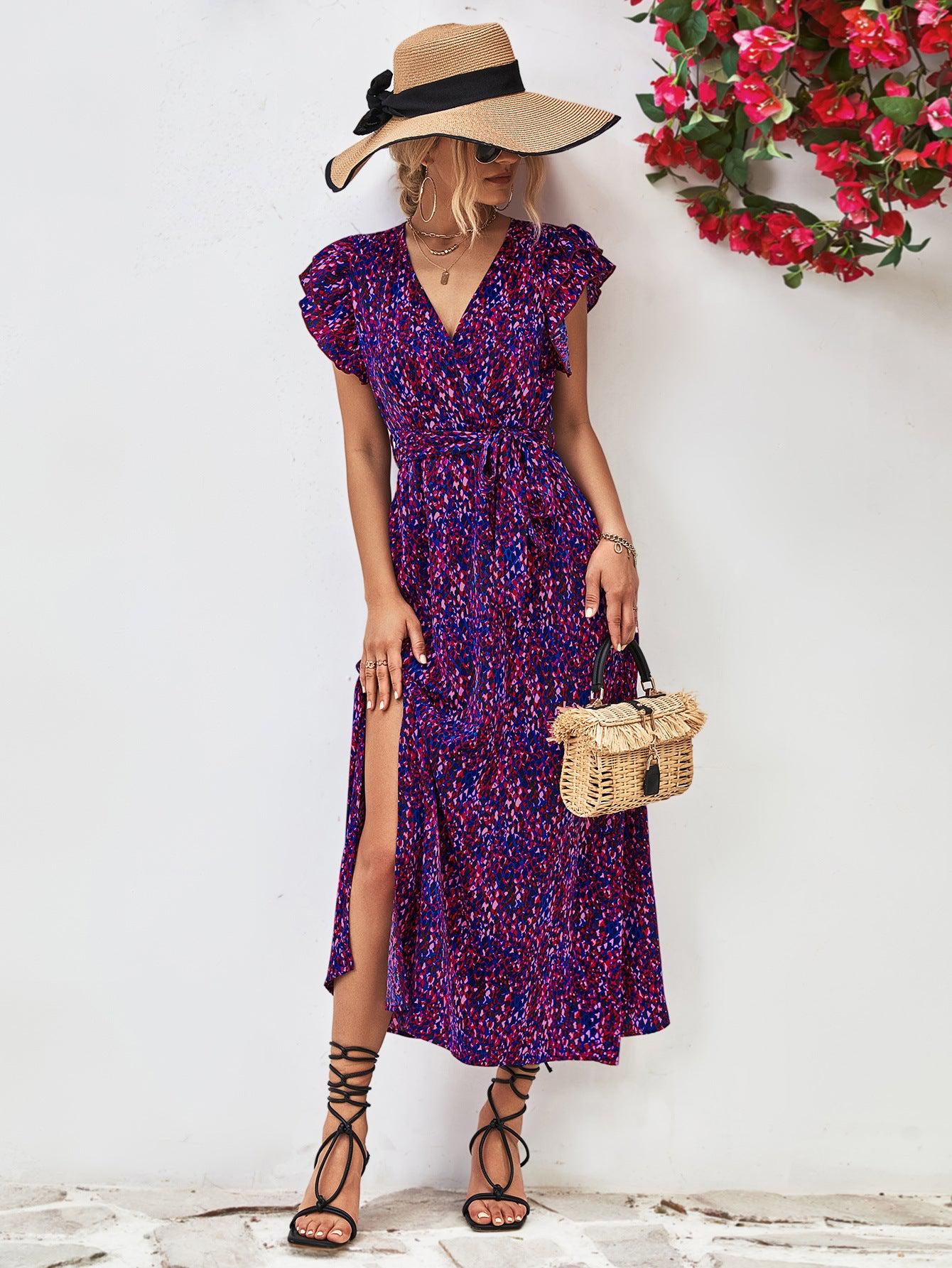 Printed Surplice Neck Flutter Sleeve Slit Dress BLUE ZONE PLANET