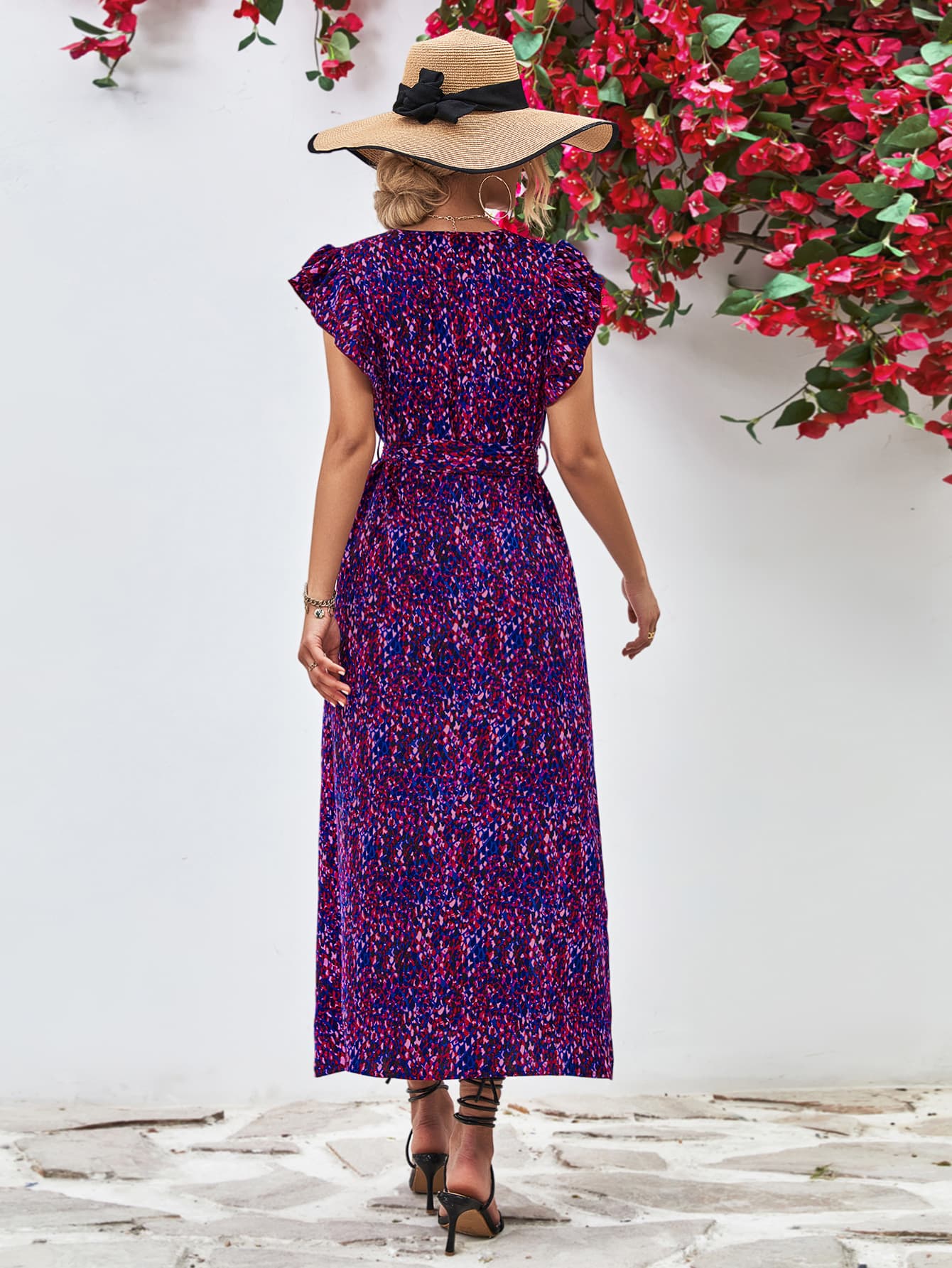 Printed Surplice Neck Flutter Sleeve Slit Dress BLUE ZONE PLANET