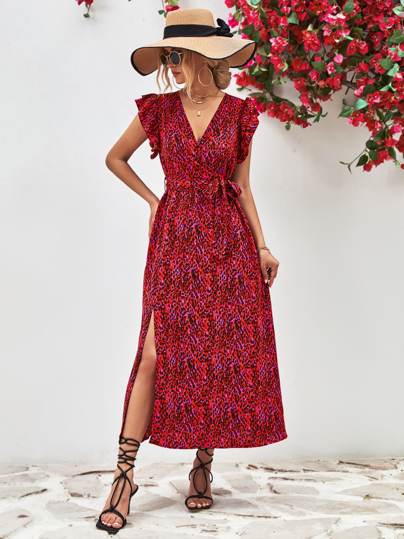 Printed Surplice Neck Flutter Sleeve Slit Dress BLUE ZONE PLANET