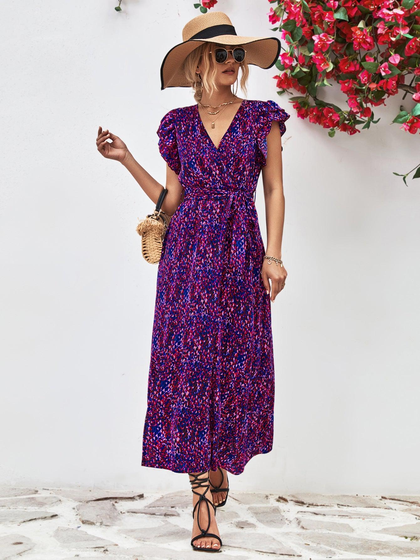 Printed Surplice Neck Flutter Sleeve Slit Dress BLUE ZONE PLANET