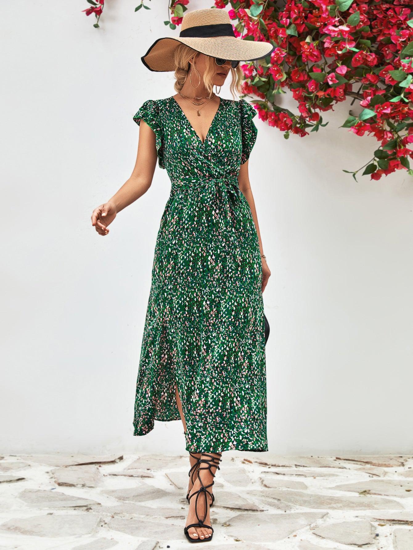 Printed Surplice Neck Flutter Sleeve Slit Dress BLUE ZONE PLANET