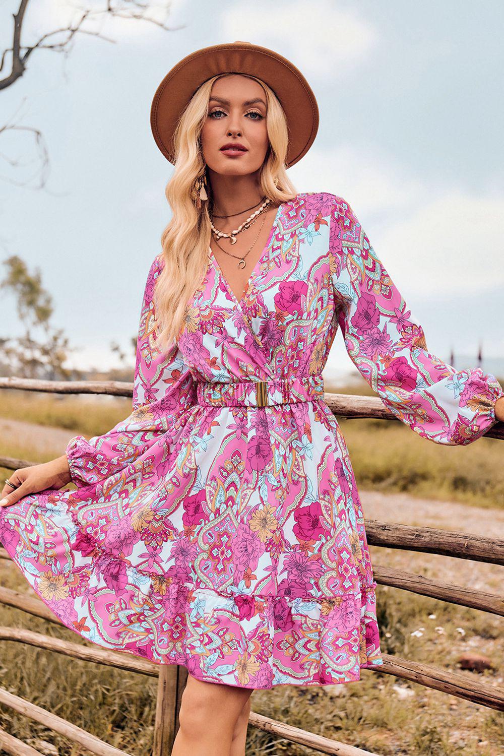 Printed Surplice Neck Long Sleeve Dress BLUE ZONE PLANET