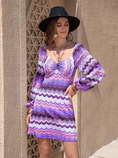 Printed Sweetheart Neck Balloon Sleeve Dress Trendsi