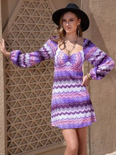 Printed Sweetheart Neck Balloon Sleeve Dress Trendsi