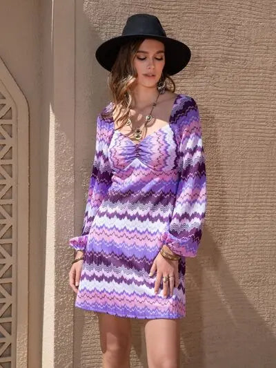 Printed Sweetheart Neck Balloon Sleeve Dress Trendsi